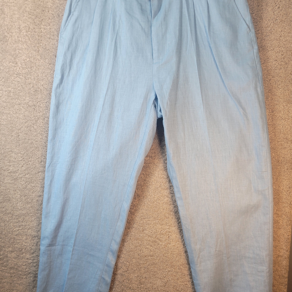 Blue Linen Trousers With Button And Buckle Details